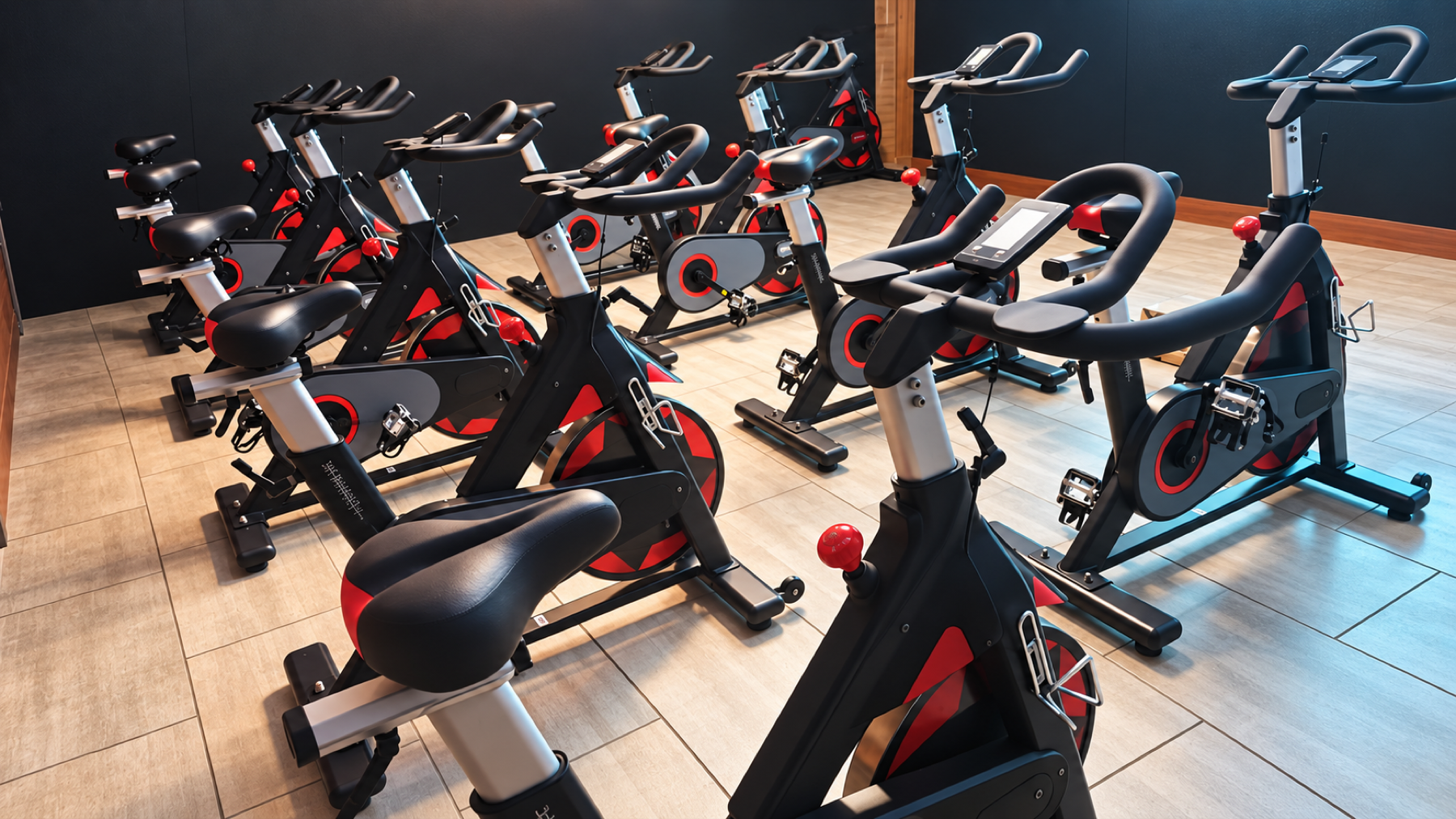 Rows of refreshed stationary bikes inside SpinX Studio